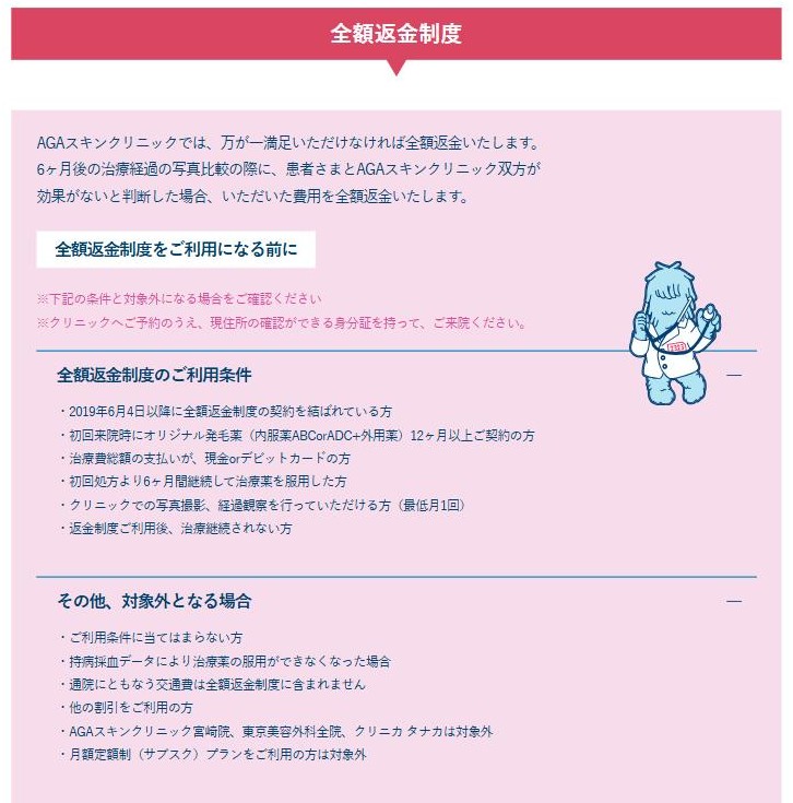 AGAスキンクリニック公式サイトの全額返金制度のご利用条件。オリジナル発毛薬の12か月以上の契約、現金かデビットカードでの支払い、月1回以上の写真撮影など