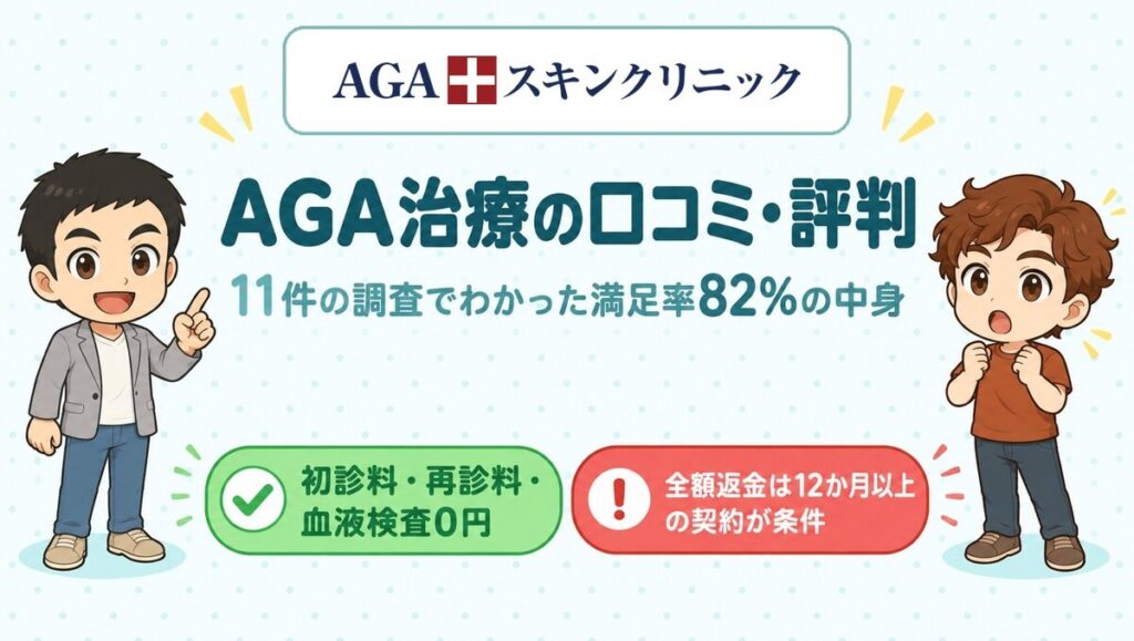AGAスキンクリニックのAGA治療の口コミ。11件の調査でわかった満足率82%の中身