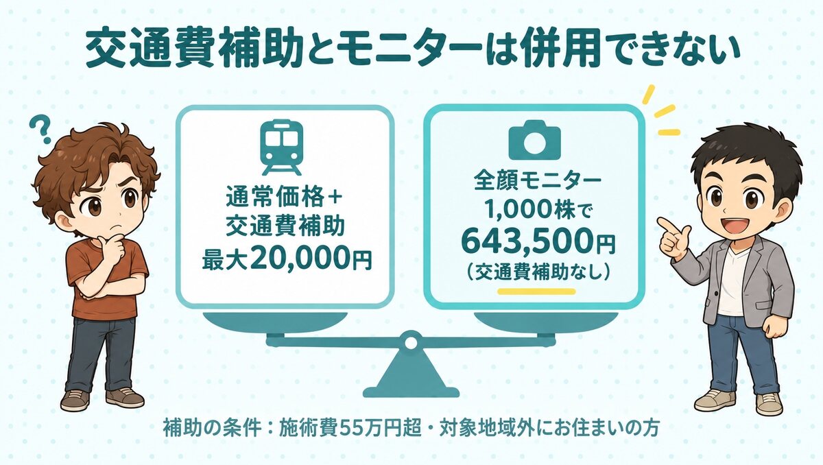 通常価格なら交通費補助は最大20,000円、全顔モニターは1,000株643,500円で交通費補助なし