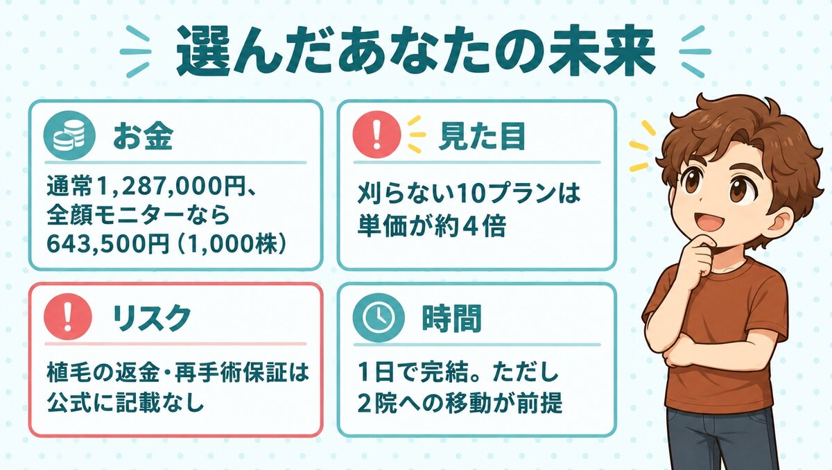 1,000株は通常1,287,000円、全顔モニターなら643,500円。植毛の返金・再手術保証は公式に記載なし
