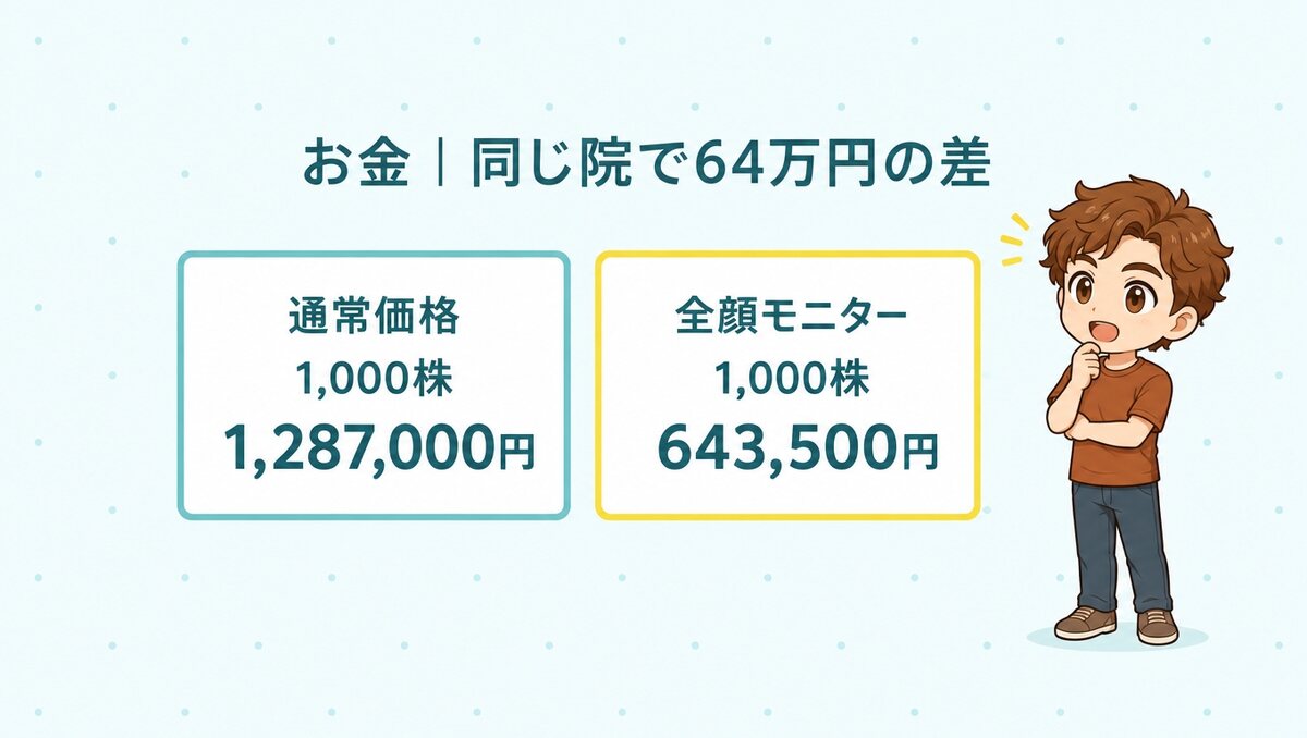 1,000株は通常価格1,287,000円、全顔モニターなら643,500円
