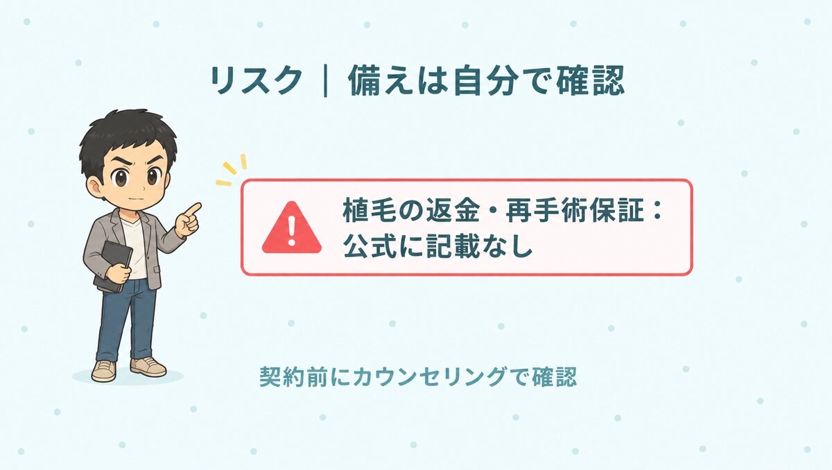 植毛の返金・再手術保証は公式に記載なし。契約前にカウンセリングで確認