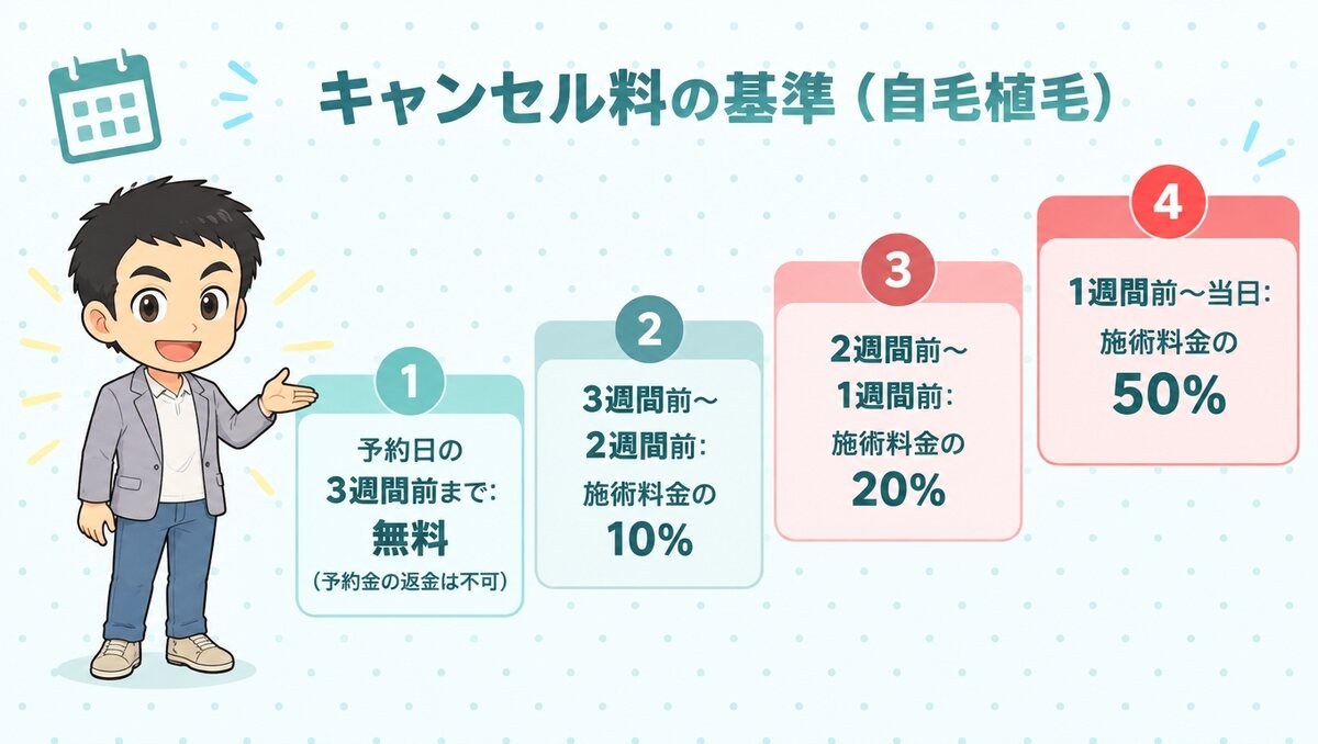 自毛植毛のキャンセル料は3週間前まで無料、以降10%、20%、1週間前から当日は50%