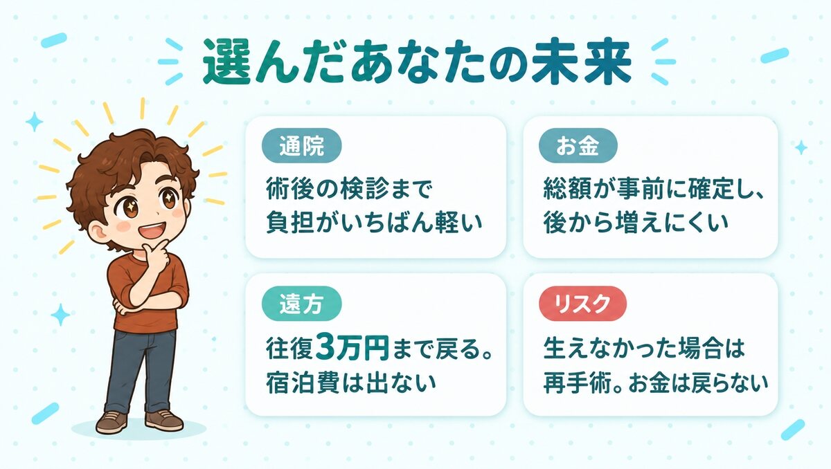 アルモ形成クリニックを選ぶと、通院の負担が軽く総額が事前に確定する一方、宿泊費は出ず返金もない