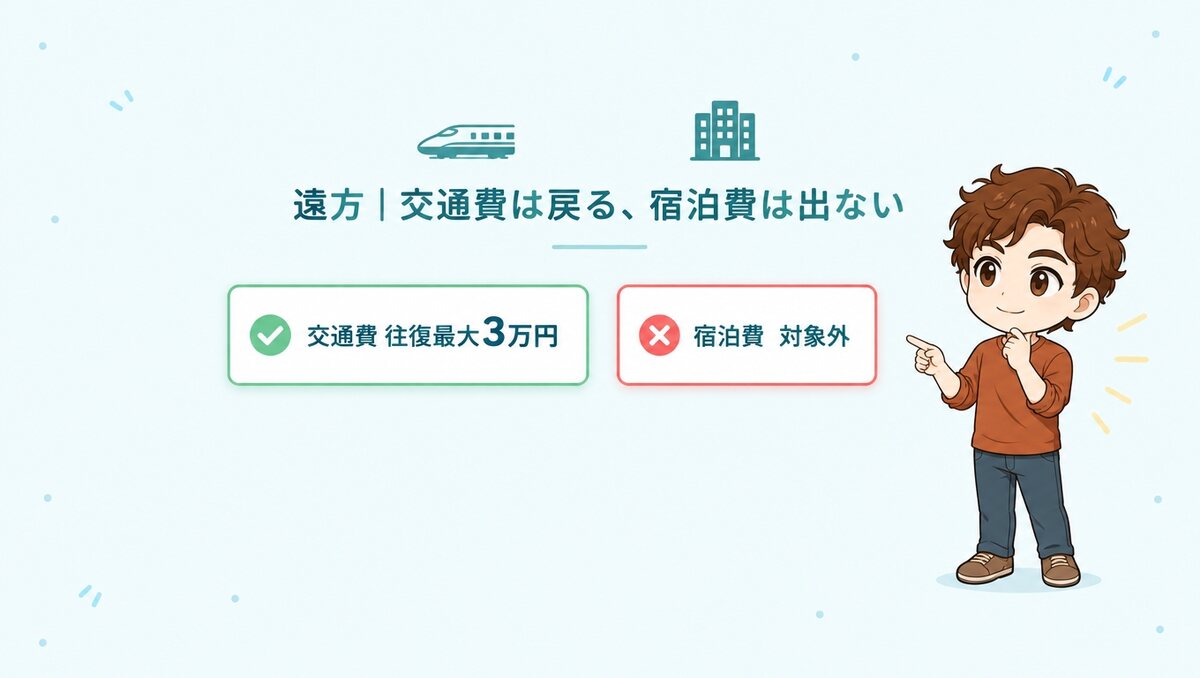 交通費は往復最大3万円まで戻るが、宿泊費は対象外