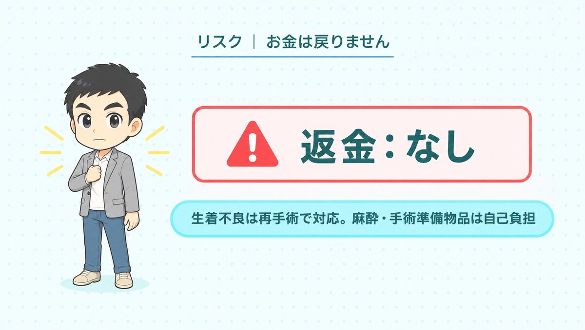 返金はなし。生着不良は再手術で対応し、麻酔・手術準備物品は自己負担
