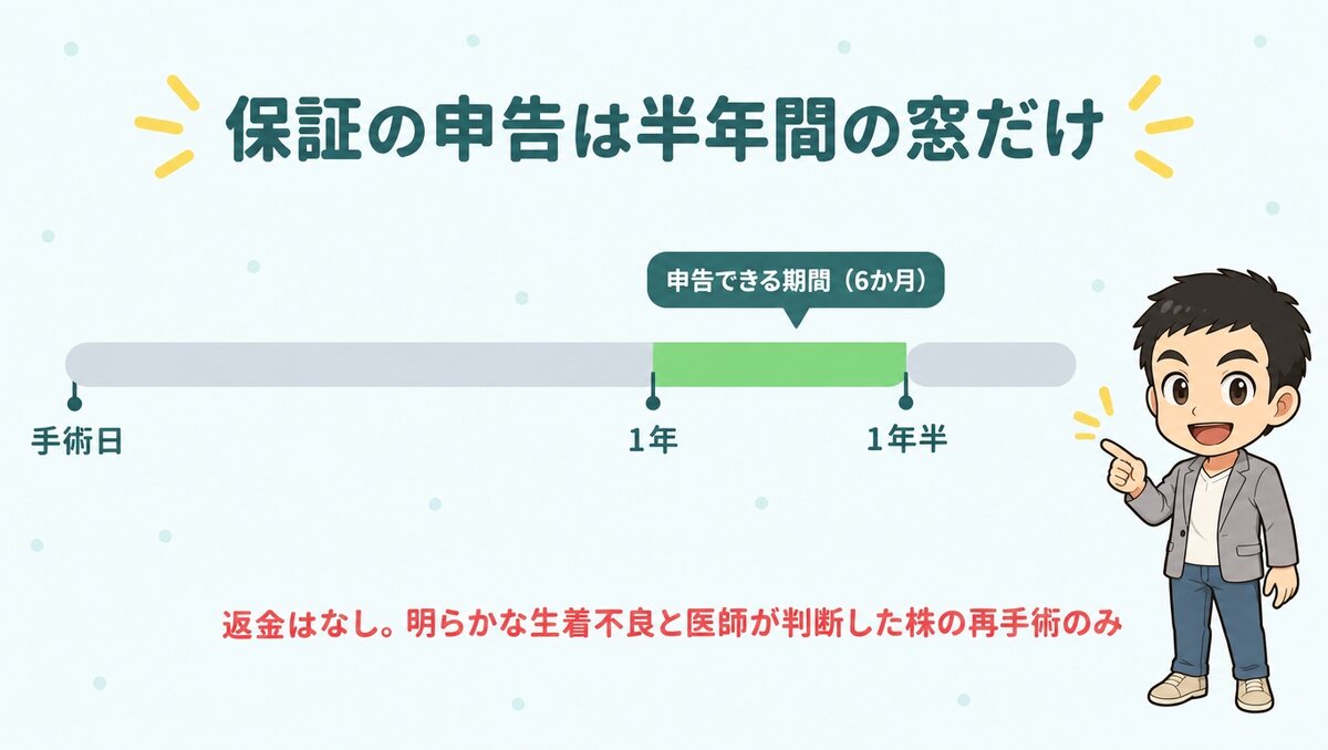 保証を申告できるのは手術から1年〜1年半の6か月間。返金はなく再手術のみ