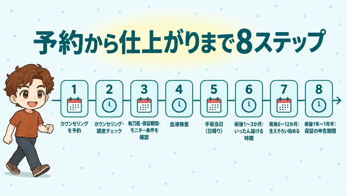 予約から術後1年〜1年半の保証申告期間までの8ステップ