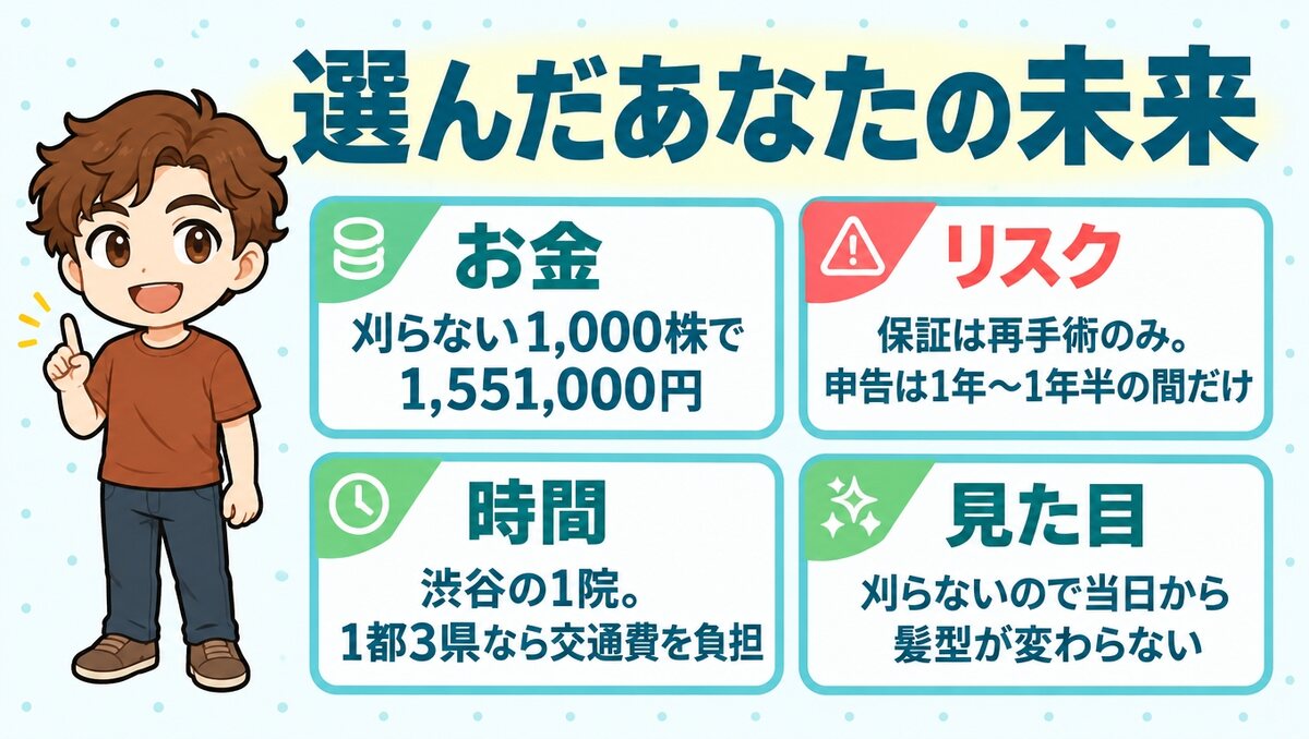 刈らない1,000株で1,551,000円。保証は再手術のみで申告は1年〜1年半の間だけ