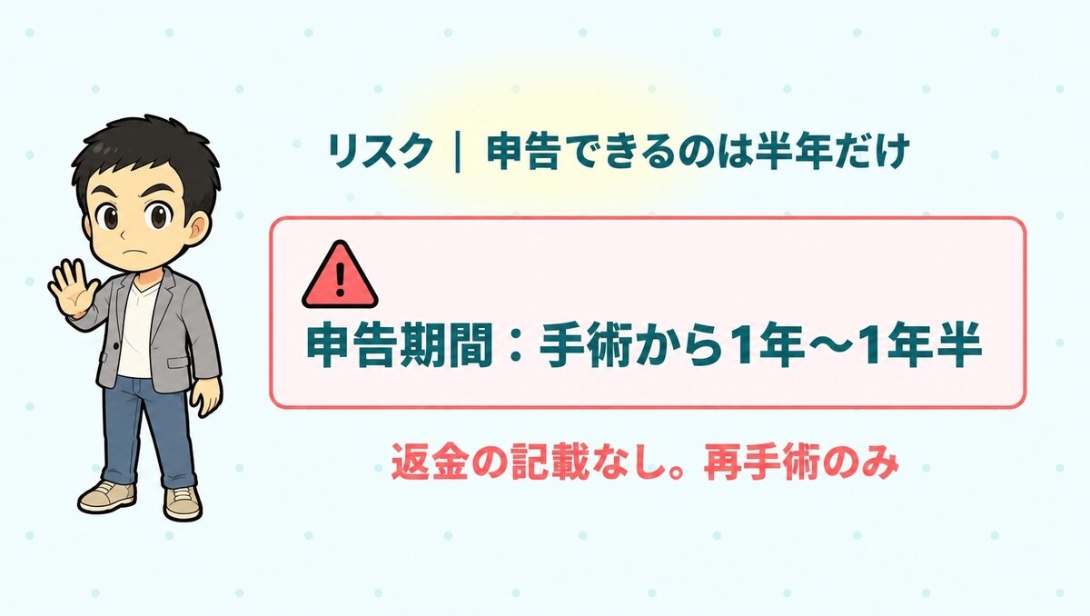保証の申告期間は手術から1年〜1年半。返金の記載はなく再手術のみ
