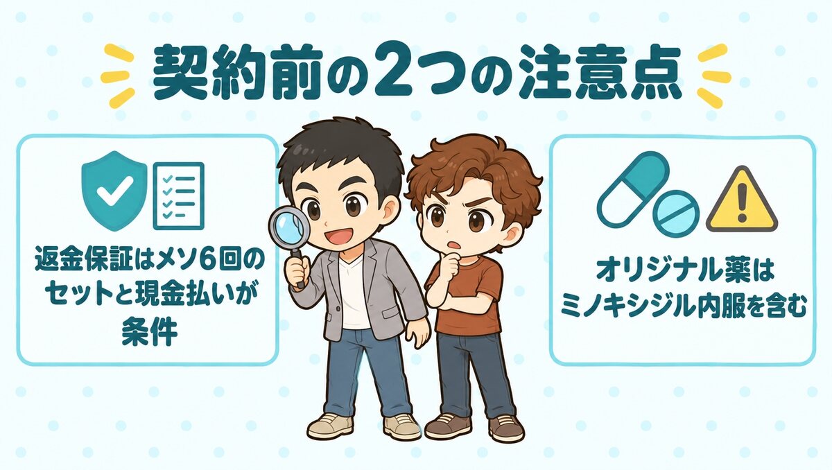 契約前の2つの注意点。返金保証はメソ6回のセットと現金払いが条件、オリジナル薬はミノキシジル内服を含む
