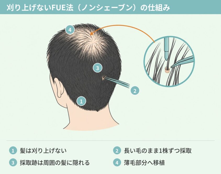 刈り上げないFUE法（ノンシェーブン）の仕組みを示した図解