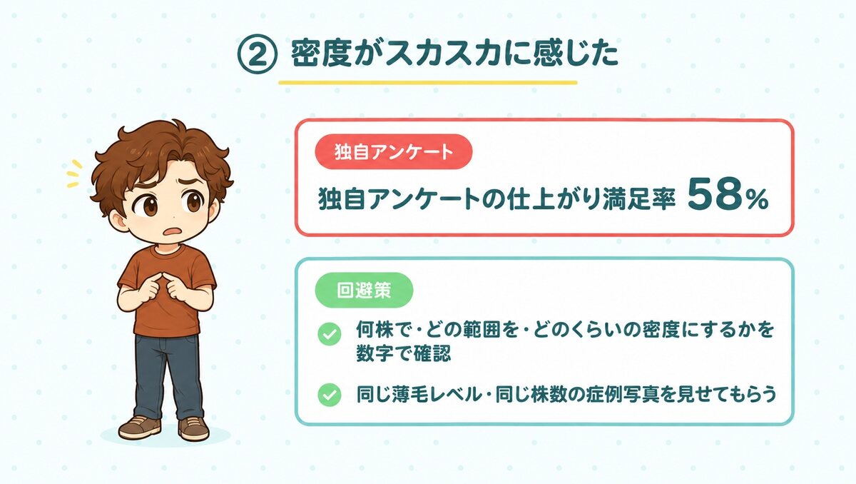 独自アンケートの仕上がり満足率58%。株数・範囲・密度を数字で確認し、同じ薄毛レベルの症例写真を見せてもらう