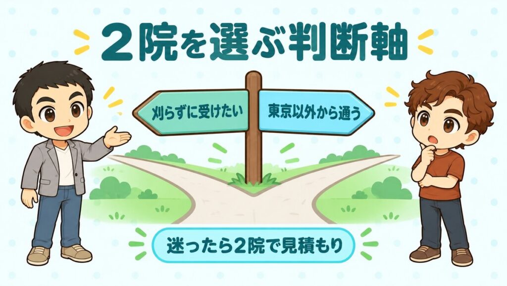 2院を選ぶ判断軸。刈らずに受けたいか、東京以外から通うか。迷ったら2院で見積もり