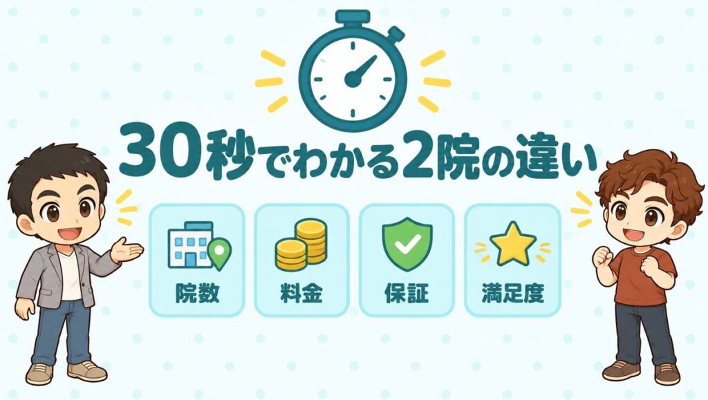 30秒でわかるアイランドタワークリニックと親和クリニックの違い（院数・料金・保証・満足度）