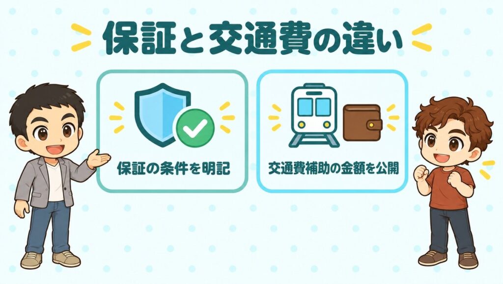 保証と交通費の違い。保証の条件を明記している院と交通費補助の金額を公開している院