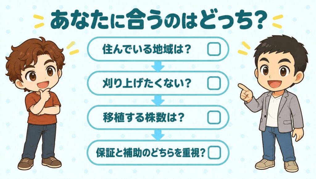 あなたに合うのはどっち？地域・刈り上げ・株数・保証と補助で選ぶ