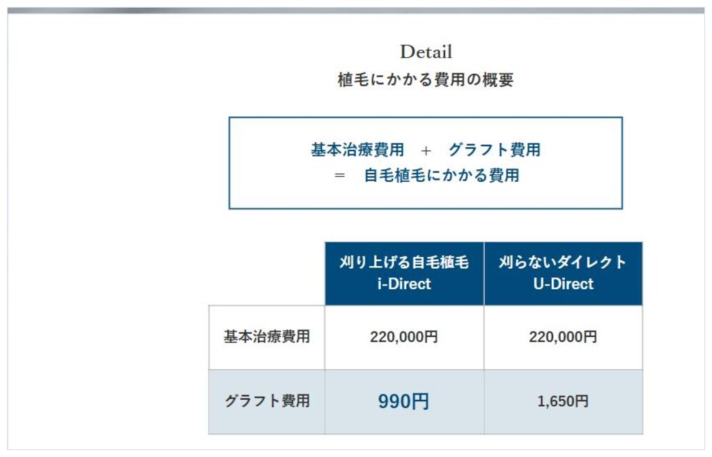 アイランドタワークリニック公式サイトの料金表(基本治療費220,000円・i-Direct 990円/株・U-Direct 1,650円/株)
