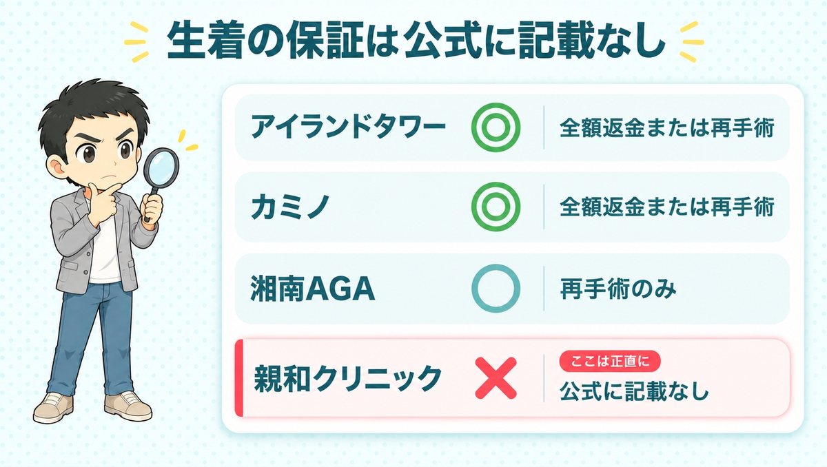 アイランドタワーとカミノは全額返金または再手術、湘南AGAは再手術のみ、親和クリニックは公式に記載なし