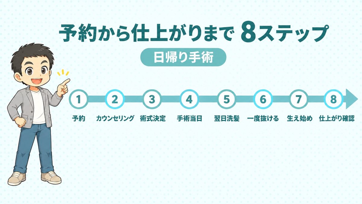 予約、カウンセリング、術式決定、手術当日、翌日洗髪、一度抜ける、生え始め、仕上がり確認の流れ
