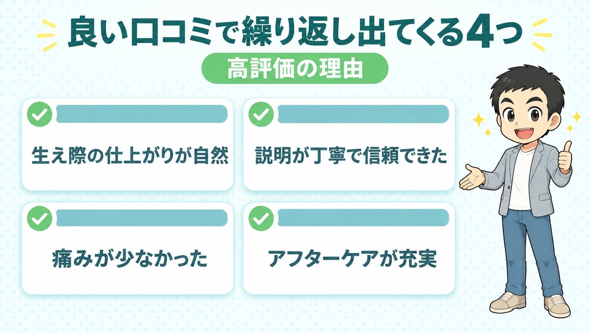 親和クリニックの良い口コミに繰り返し出る4点。生え際の自然さ、丁寧な説明、痛みの少なさ、アフターケア