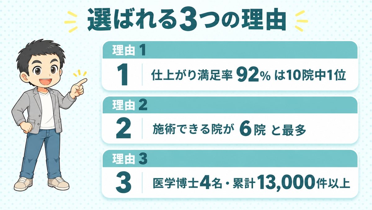 仕上がり満足率92%が10院中1位、施術できる院が6院、医学博士4名・累計13,000件以上