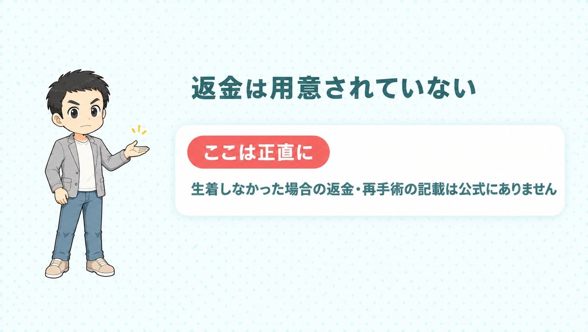 生着しなかった場合の返金・再手術の記載が公式にないことを示す図