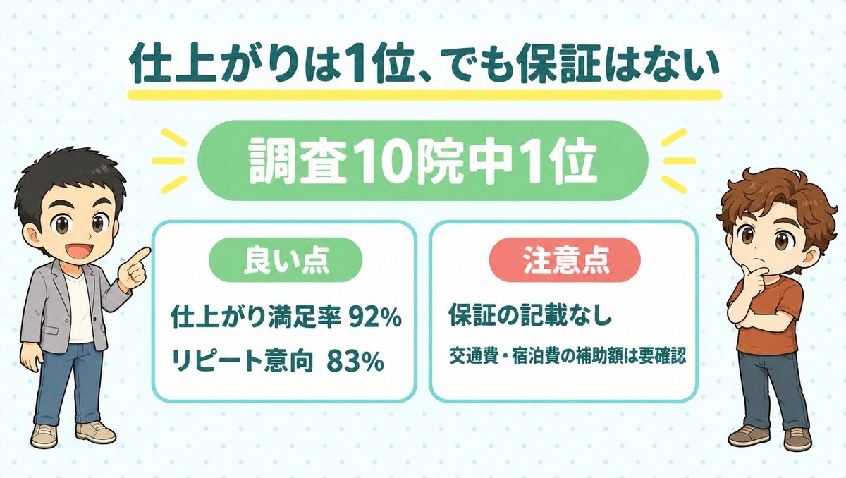仕上がり満足率92%とリピート意向83%は調査10院中1位、注意点は保証の記載がないことと交通費・宿泊費の補助額が要確認であること