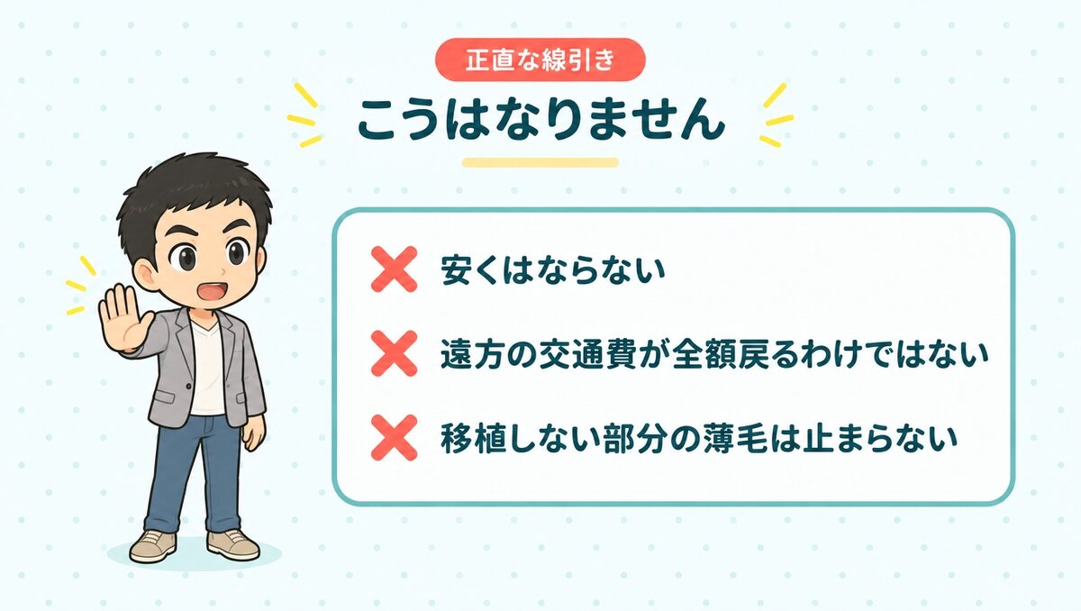 安くはならない、遠方の交通費が全額戻るわけではない、移植しない部分の薄毛は止まらない