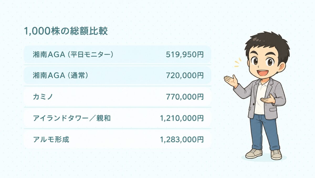 1,000株の総額比較。湘南AGA平日モニター519,950円、通常720,000円、カミノ770,000円、アイランドタワー・親和1,210,000円、アルモ形成1,283,000円