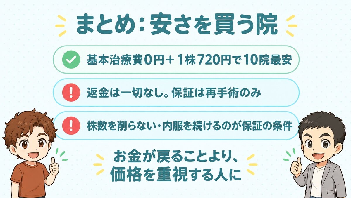 基本治療費0円＋1株720円で10院最安。返金は一切なく、保証は再手術のみ
