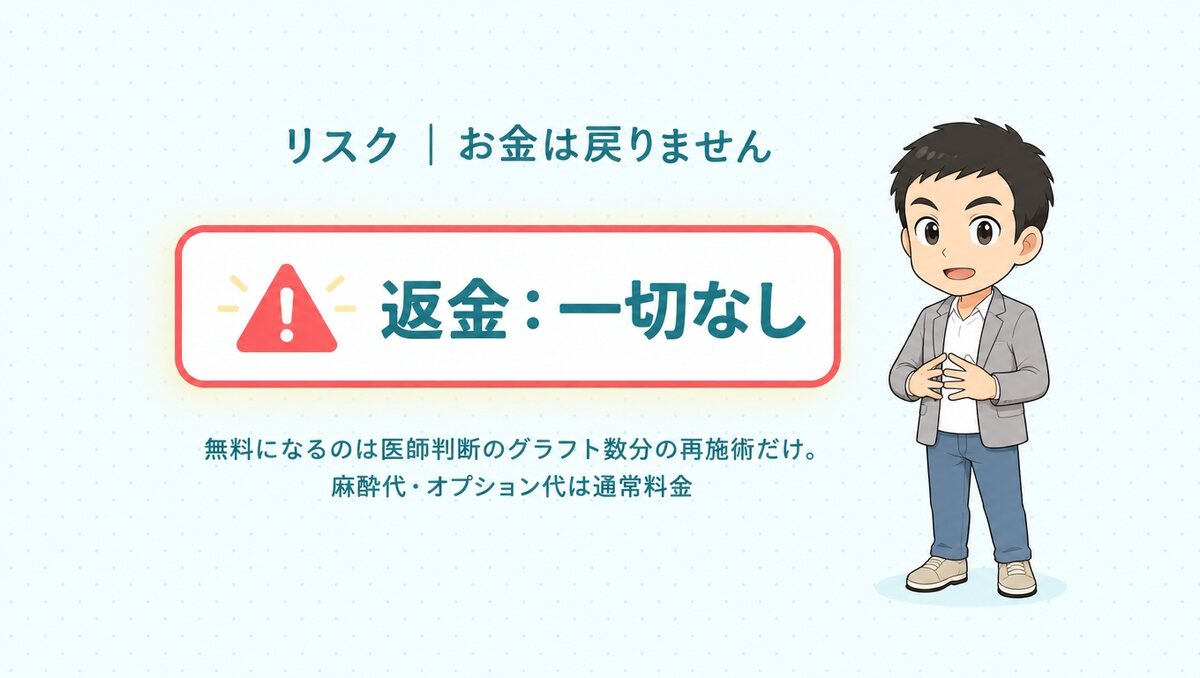 返金は一切なし。無料になるのは医師判断のグラフト数分の再施術だけ