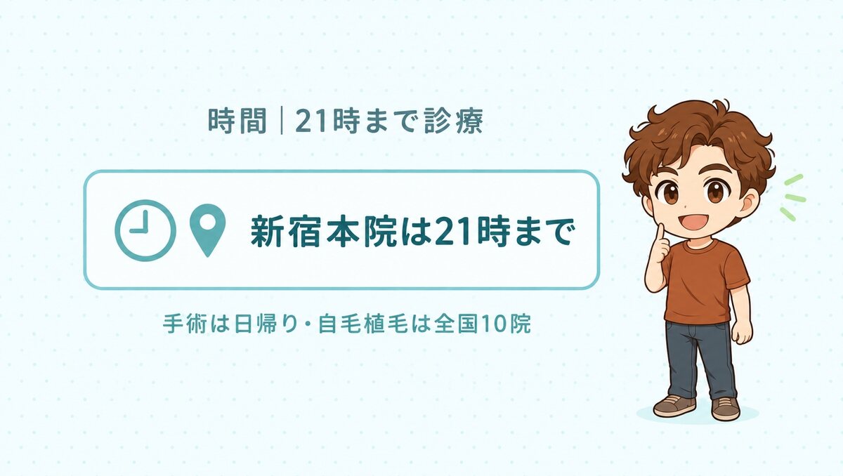 新宿本院は21時まで診療。手術は日帰りで、自毛植毛は全国10院