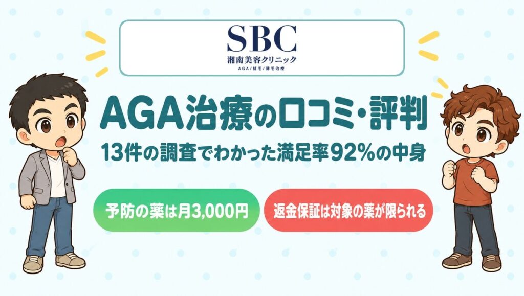湘南美容クリニック（湘南AGAクリニック）のAGA治療の口コミ。13件の調査でわかった満足率92%の中身