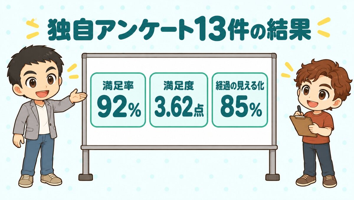独自調査:湘南美容クリニックAGAの回答13件、満足率92%、満足度3.62点、経過の見える化85%