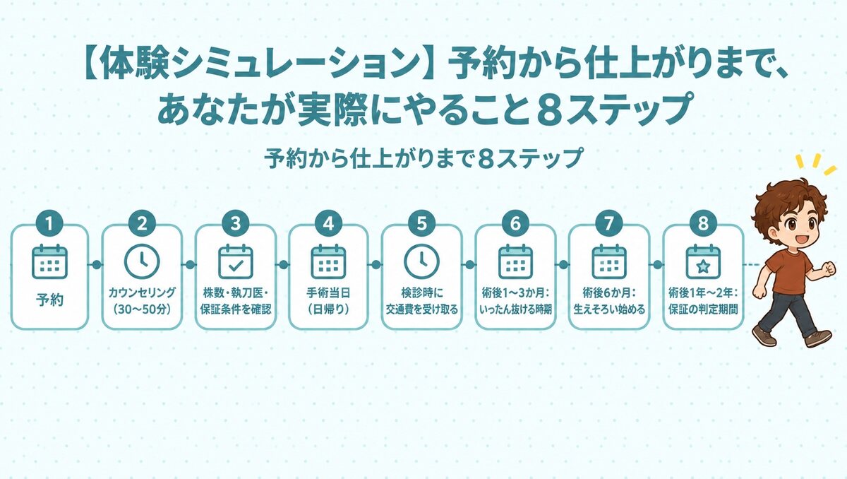 予約から術後1年〜2年の保証判定期間までの8ステップ