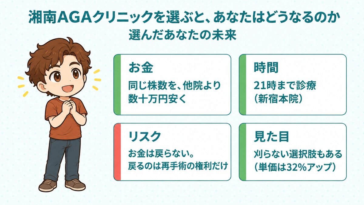 湘南AGAクリニックを選ぶと、同じ株数を他院より数十万円安く受けられるが、お金は戻らない