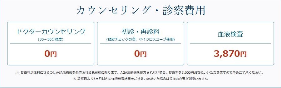 湘南AGAクリニック公式サイトのカウンセリング・診察費用。ドクターカウンセリングと初診・再診料は0円、血液検査は3,870円