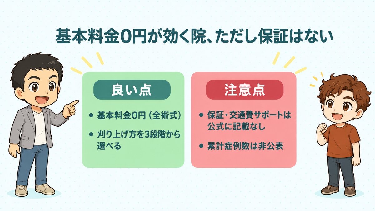 東京植毛美容外科は基本料金0円が効く院、ただし保証・交通費サポートは公式に記載なし