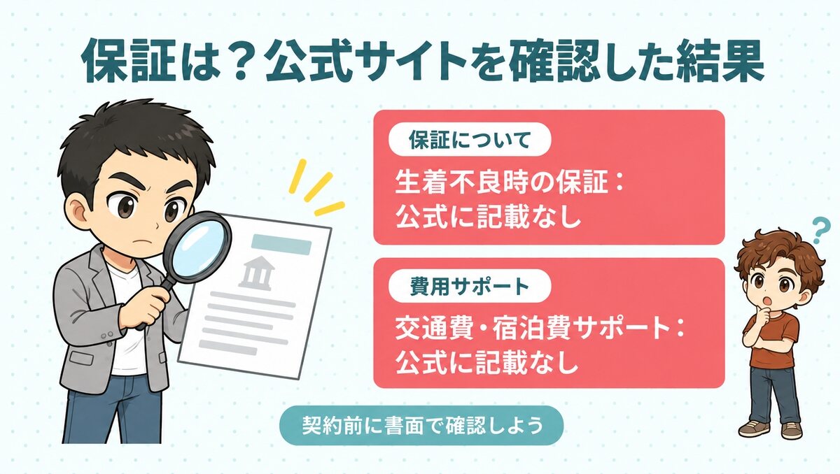 生着不良時の保証と交通費・宿泊費サポートは公式に記載なし