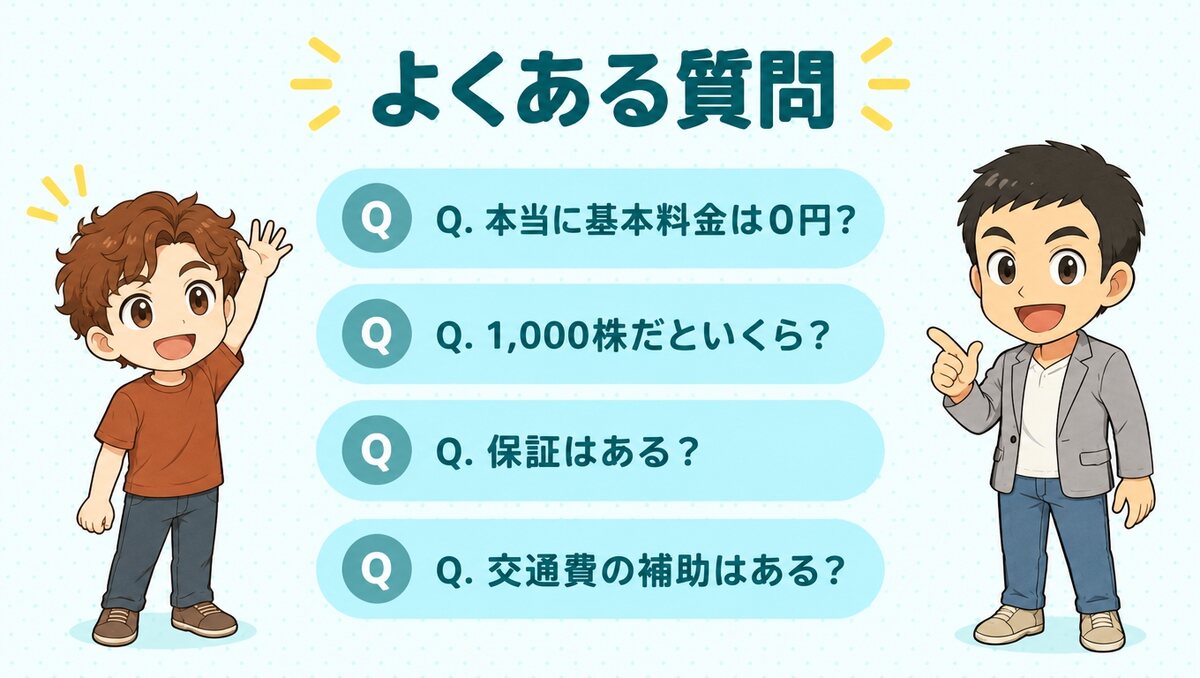 基本料金、1,000株の費用、保証、交通費の補助についてのよくある質問