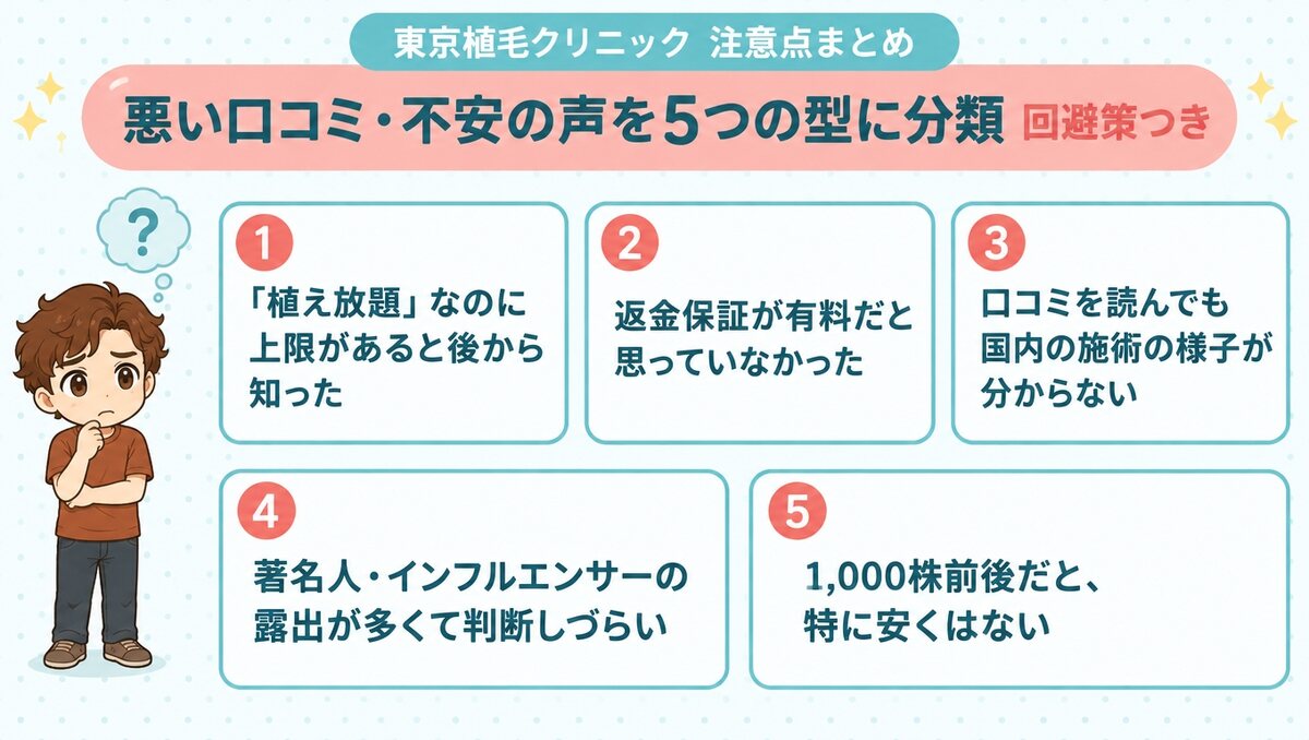東京植毛クリニックの悪い口コミ・不安の声を5つの型に分類