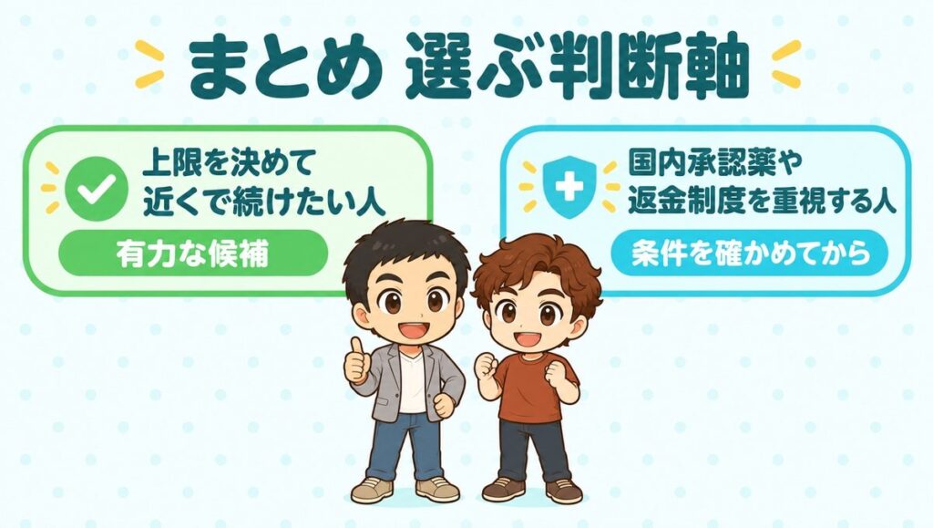 選ぶ判断軸のまとめ。上限を決めて近くで続けたい人は有力な候補、国内承認薬や返金制度を重視する人は条件を確かめてから