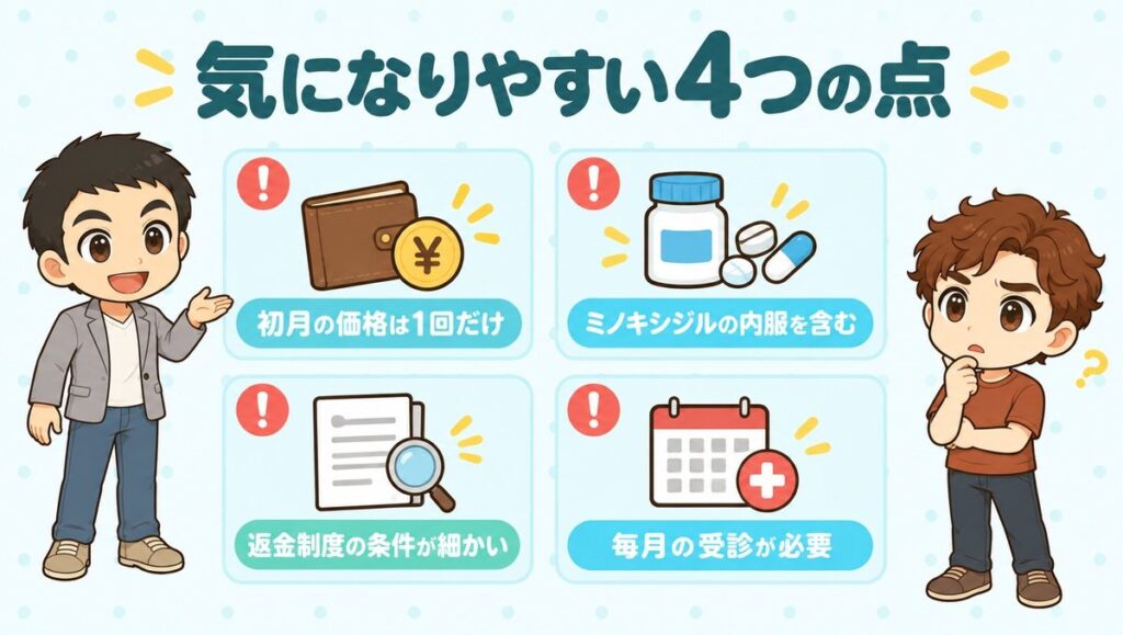 気になりやすい4つの点(初月の価格は1回だけ、ミノキシジルの内服を含む、返金制度の条件が細かい、毎月の受診が必要)