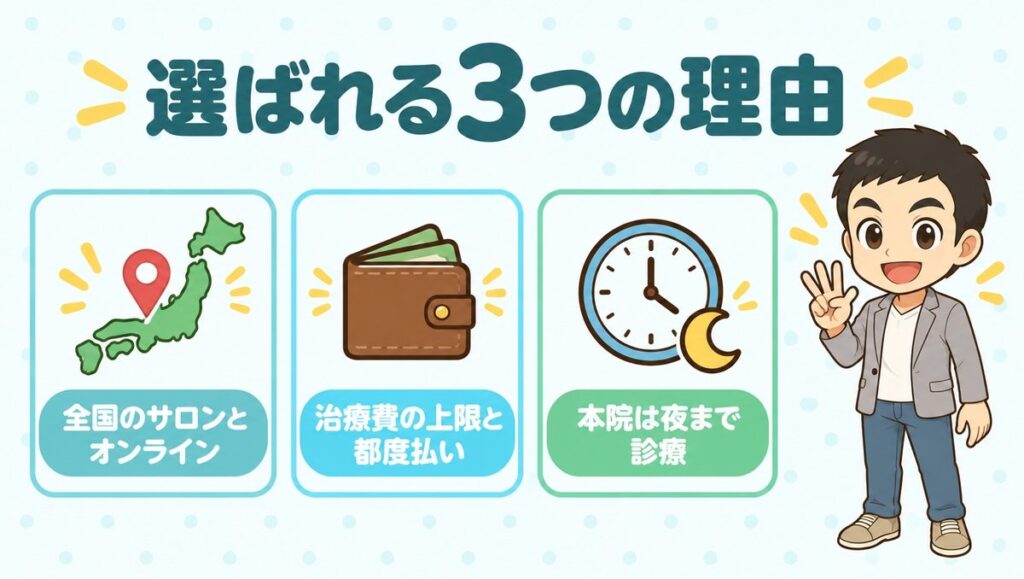 選ばれる3つの理由(全国のサロンとオンライン、治療費の上限と都度払い、本院は夜まで診療)