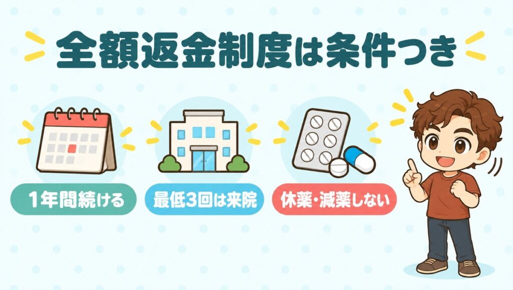 全額返金制度は条件つき。1年間続ける、最低3回は来院、休薬・減薬しない