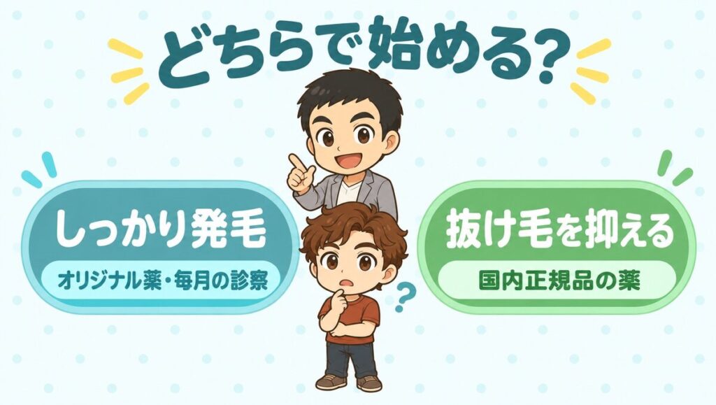 オリジナル治療と抜け毛抑制治療の違い。しっかり発毛はオリジナル薬と毎月の診察、抜け毛を抑えるなら国内正規品の薬