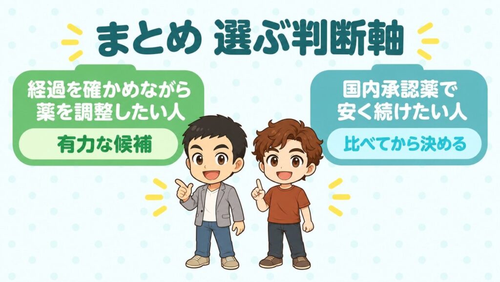 Dクリニックを選ぶ判断軸。経過を確かめながら薬を調整したい人と、国内承認薬で安く続けたい人