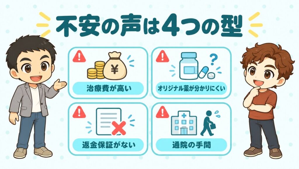 不安の声は4つの型（治療費が高い、オリジナル薬が分かりにくい、返金保証がない、通院の手間）