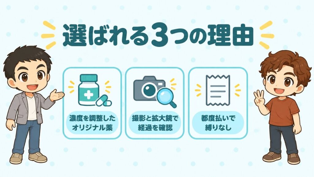 Dクリニックが選ばれる3つの理由。濃度を調整したオリジナル薬、撮影と拡大鏡で経過を確認、都度払いで縛りなし